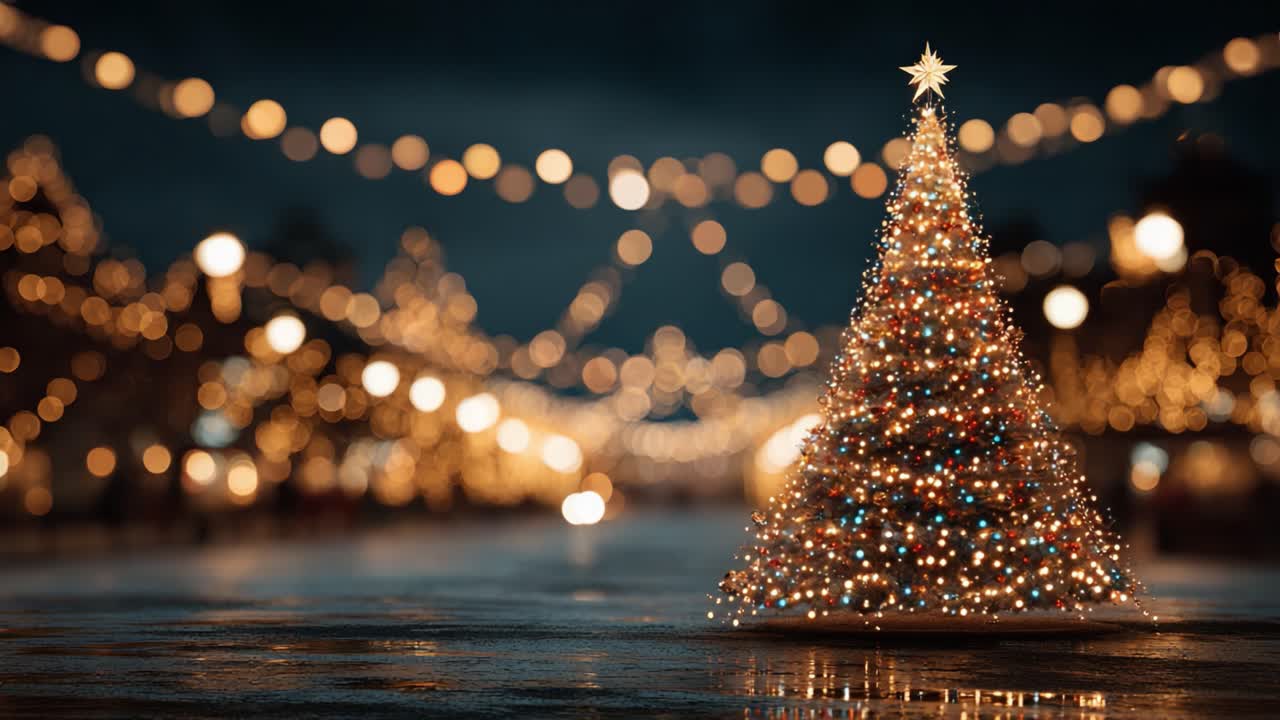 Una scena festiva con un albero di Natale splendidamente decorato e circondato da luci scintillanti, che crea una magica atmosfera natalizia in un paese delle meraviglie invernale