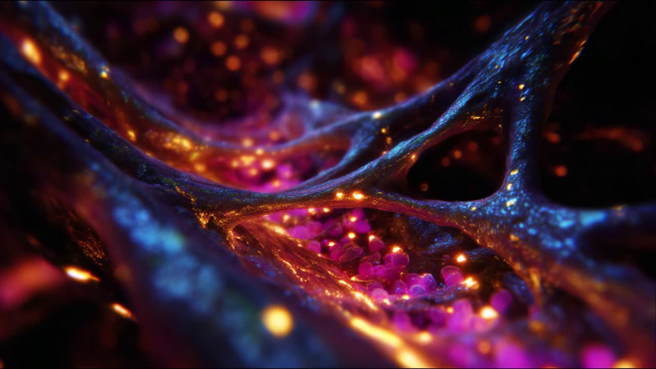 Intricate Microbial Structures: An Abstract Exploration of Glowing Filaments and Vibrant Colors in a Complex Microscopic Environment