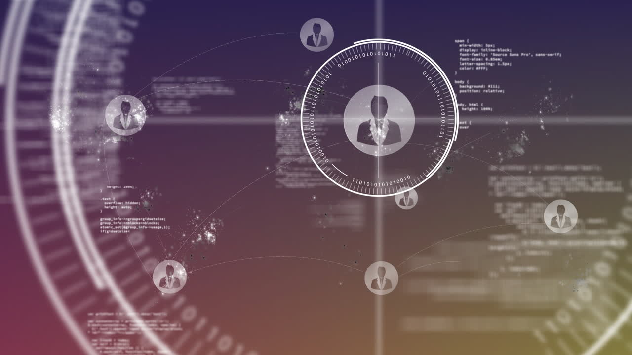 Network of connections and data processing animation over diverse business profiles