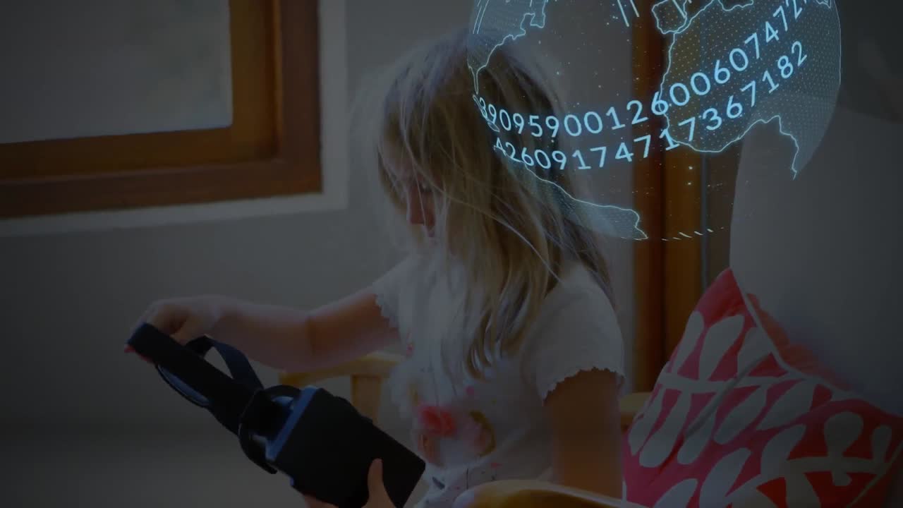 анимация глобуса с числами, меняющимися над девушкой, использующей vr-гарнитуру