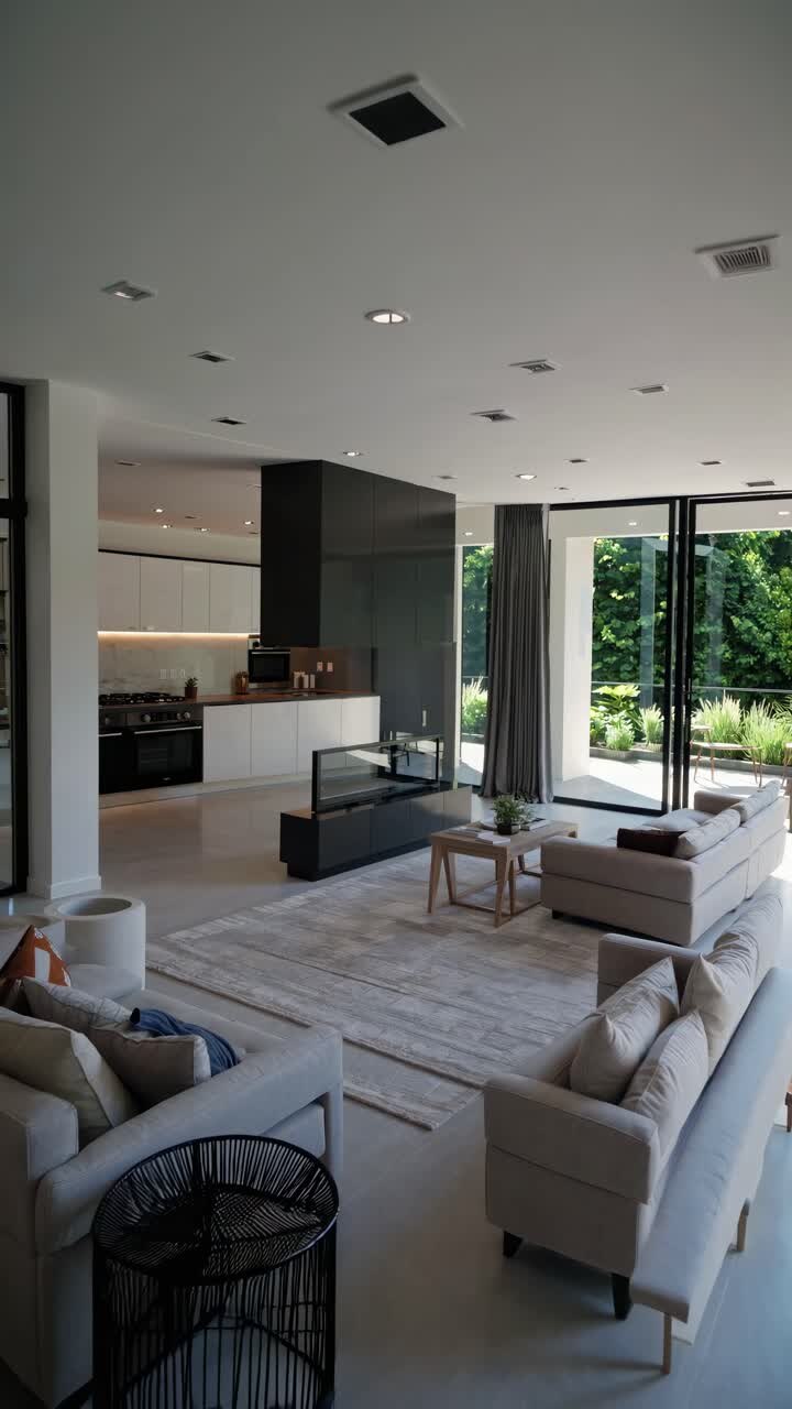 Wide-angle video shot of a modern living room with sleek furniture, large windows, and a minimalist