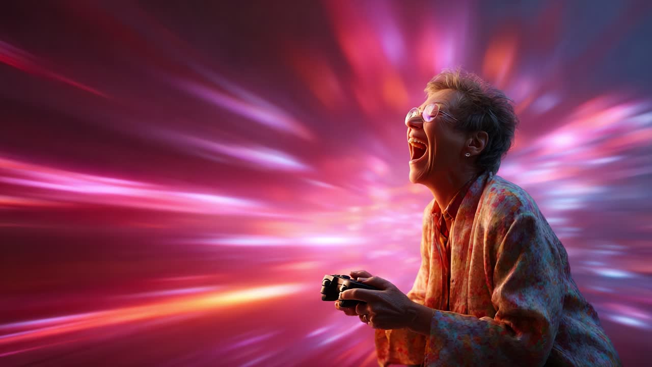 Capturing Joy and Excitement: A Passionate Gamer Immersed in a Colorful World of Light, Expressing Pure Delight While Using a Controller in a Dynamic Atmosphere of Vibrant Colors