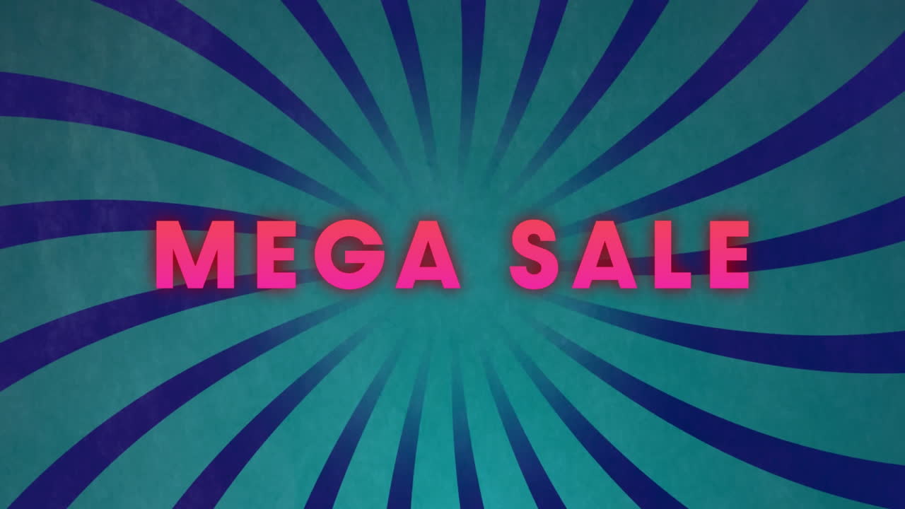 animación de mega venta en texto rosa sobre rayas púrpuras y azules rotativas