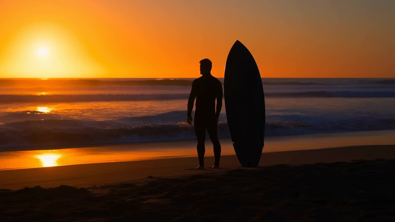Una figura in silhouette rimane accanto a una tavola da surf alta vicino alla riva, mentre onde leggere si muovono sullo sfondo, il caldo sole al tramonto brilla sull'orizzonte e si riflette sulla spiaggia bagnata.