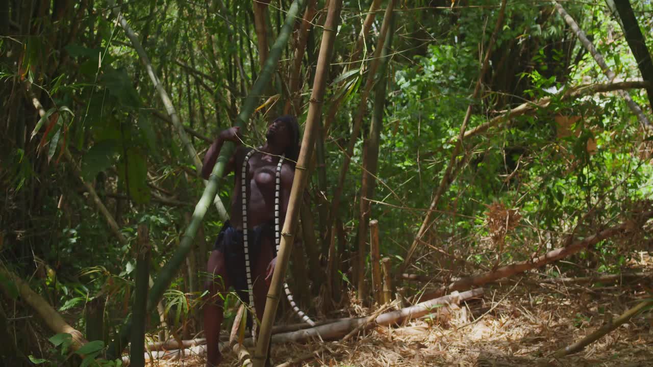 Clad in a Tarzan cosplay costume, a dark-skinned, muscular individual is captured in a forest environment.