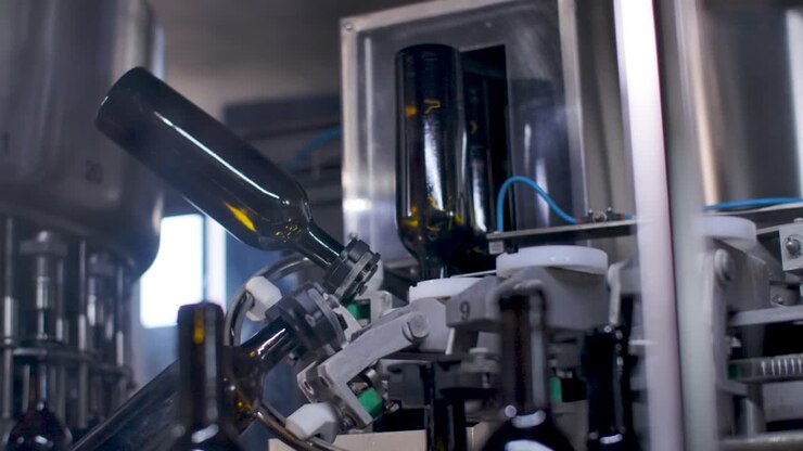 Empty bottles intended to be filled with wine, handled by a conveyor machine at a winery