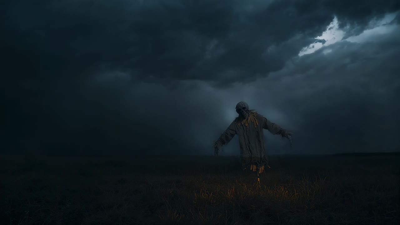 Lone man rocking and raising arms as lightning pulsing behind on plain, tattered straw coat