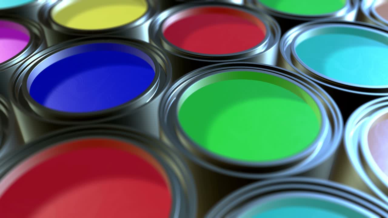 페인트 캔, 컬러 페인트 염료를 가진 아연 금속 캔 그룹, 루프 가능한 3d 애니메이션 스 비디오