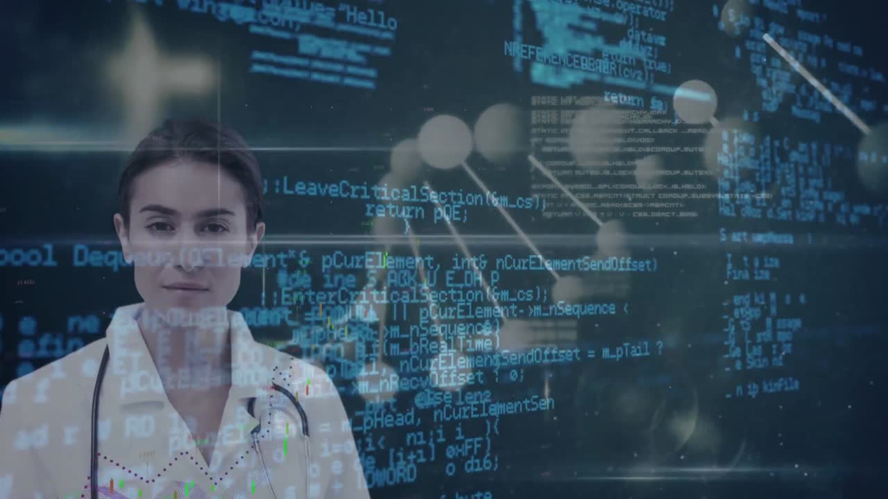 doctora con cadena de adn, procesamiento de datos científicos