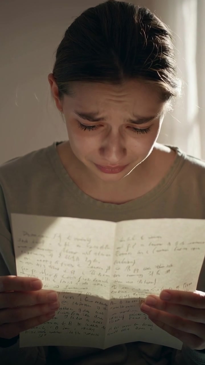 Vertical video: Glancing at handwritten letter, woman in tee reading at home by curtain, crying