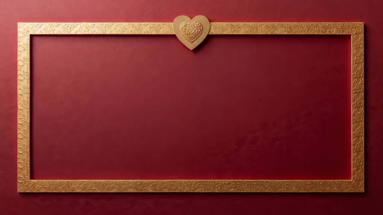 Zoom della camera che si avvicina a una parete rosso intenso, ritagliando una cornice dorata decorata e un cuore per rivelare un pannello
