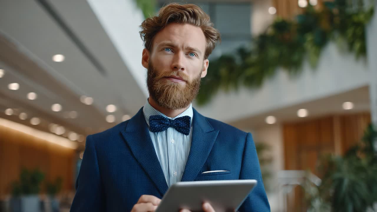 En velklædt professionel mand, der holder en tablet i et moderne kontormiljø, udstråler selvtillid og balance med en stilfuld butterfly og et eftertænksomt udtryk