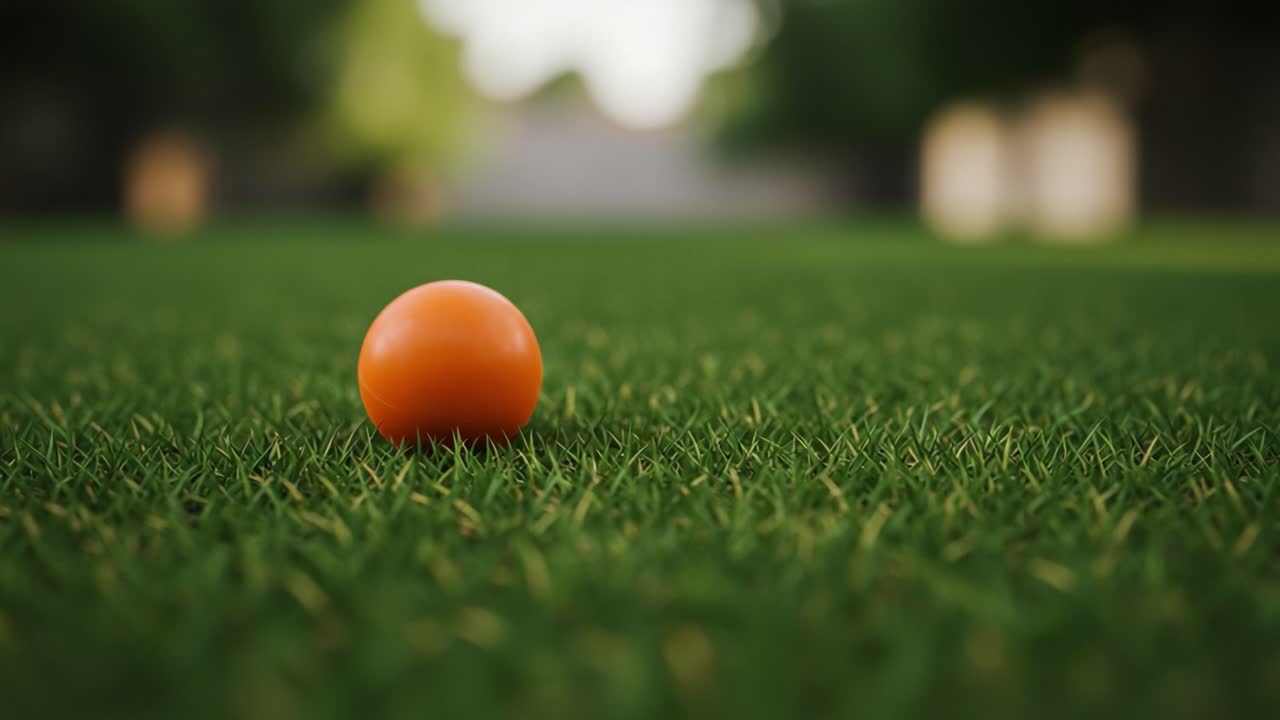Close-Up of an Orange Ball Resting on a Lush Green Grass Surface, Capturing the Tranquility and Simplicity of Outdoor Playtime in a Natural Setting