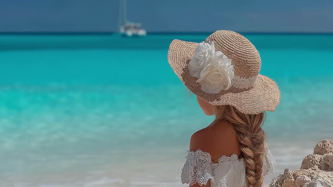 Una bambina con un bellissimo cappello da sole e un vestito di pizzo si gode la serenità del litorale marino, circondata da acque cristalline e dalle dolci onde della spiaggia.