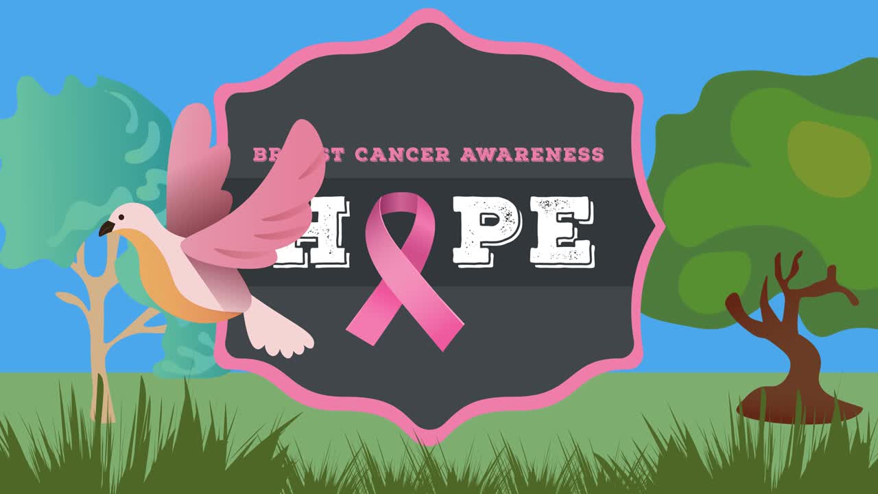 나무와 새 위에 분홍색 리본 로고와 유방암 텍스트의 애니메이션