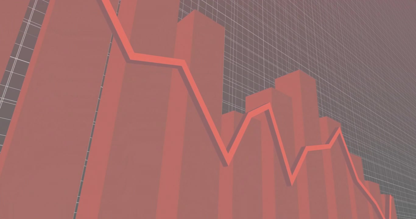 Declining bar chart and line graph animation over grid background