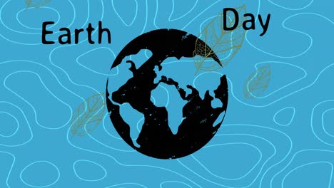 animation of earth day text over globe and leaves on blue background