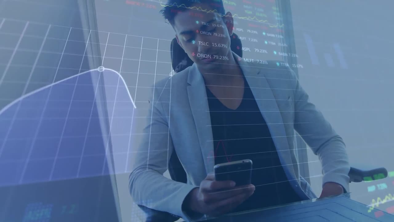 Animation of financial data processing over biracial businessman using smartphone