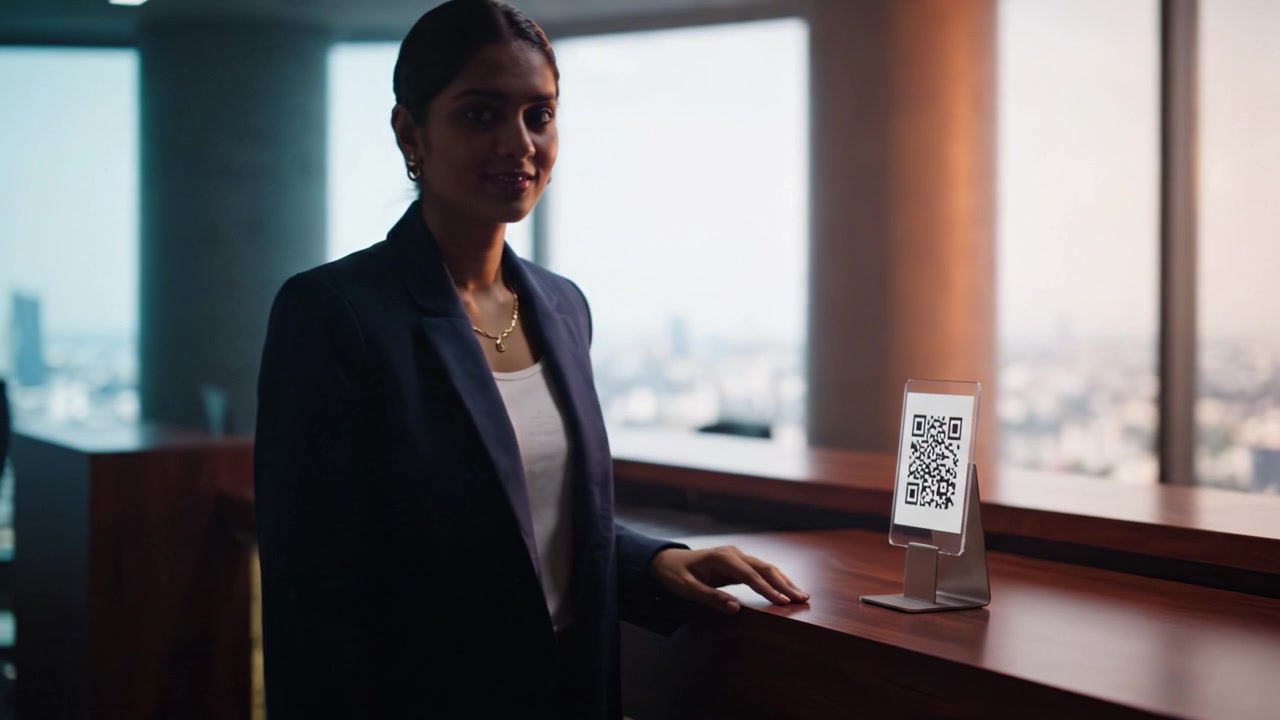 A professional woman interacting with a QR code display in a modern office setting, showcasing digital technology in a corporate environment.