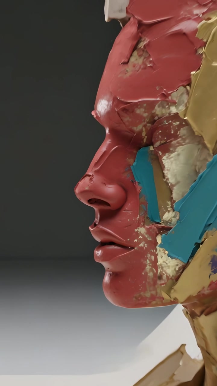 Vertical video: Pulling back, camera revealing painted bust in studio, showing layered paint chips