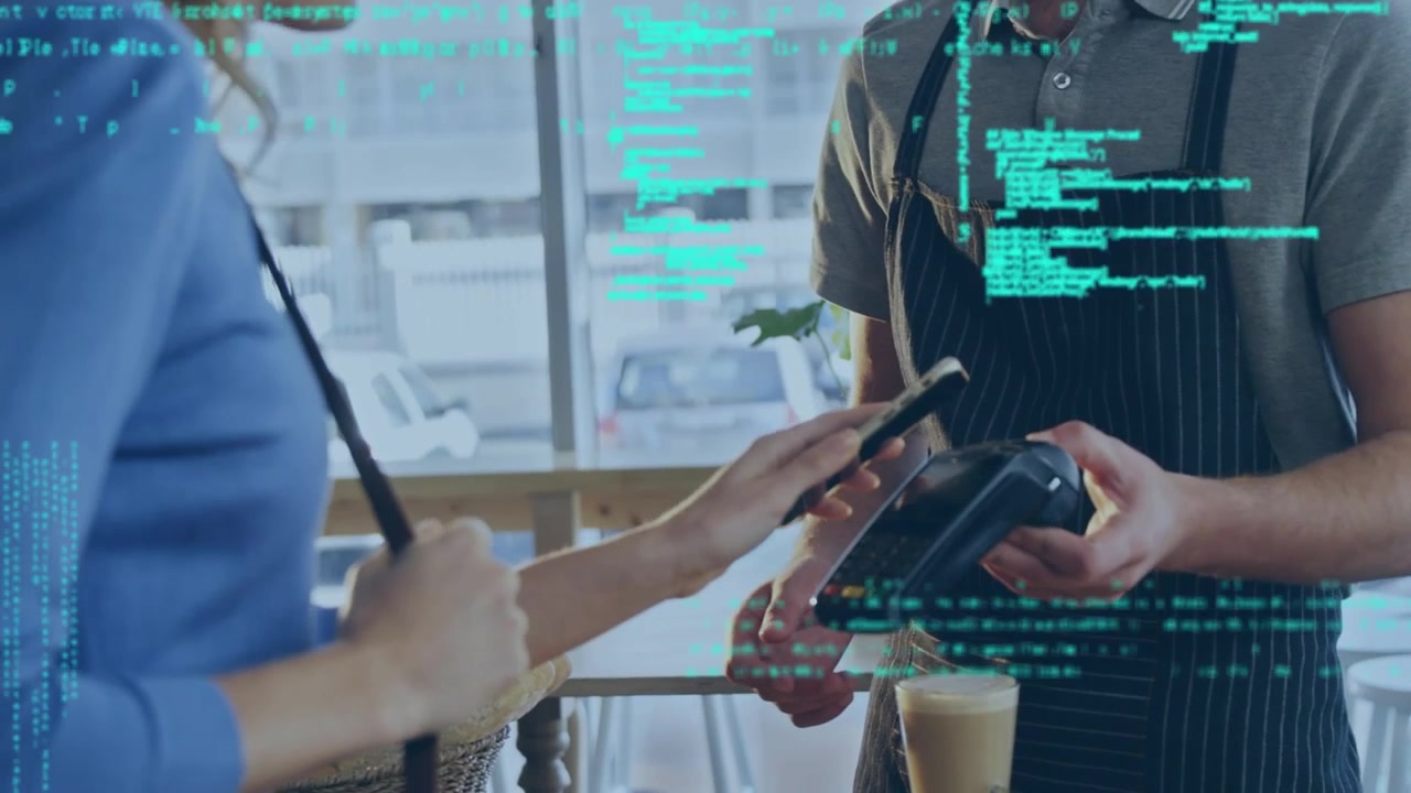 Animation of data processing over caucasian woman paying with smartphone