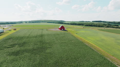 orbiting drone view of red barn in green maine farmland