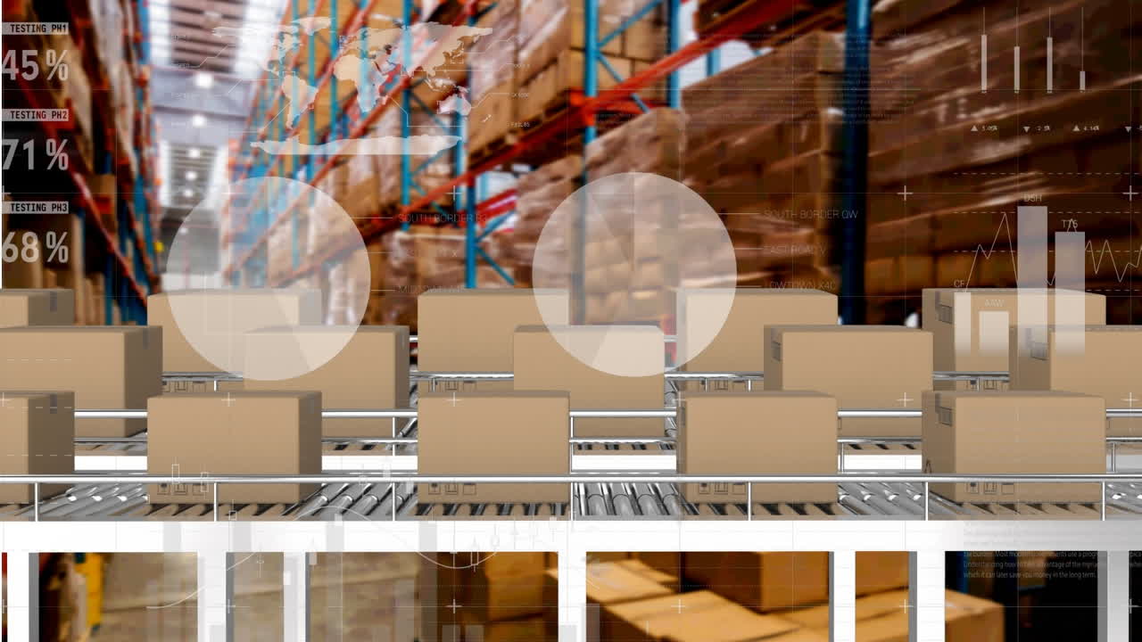 animación del procesamiento de estadísticas sobre cinta transportadora con cajas