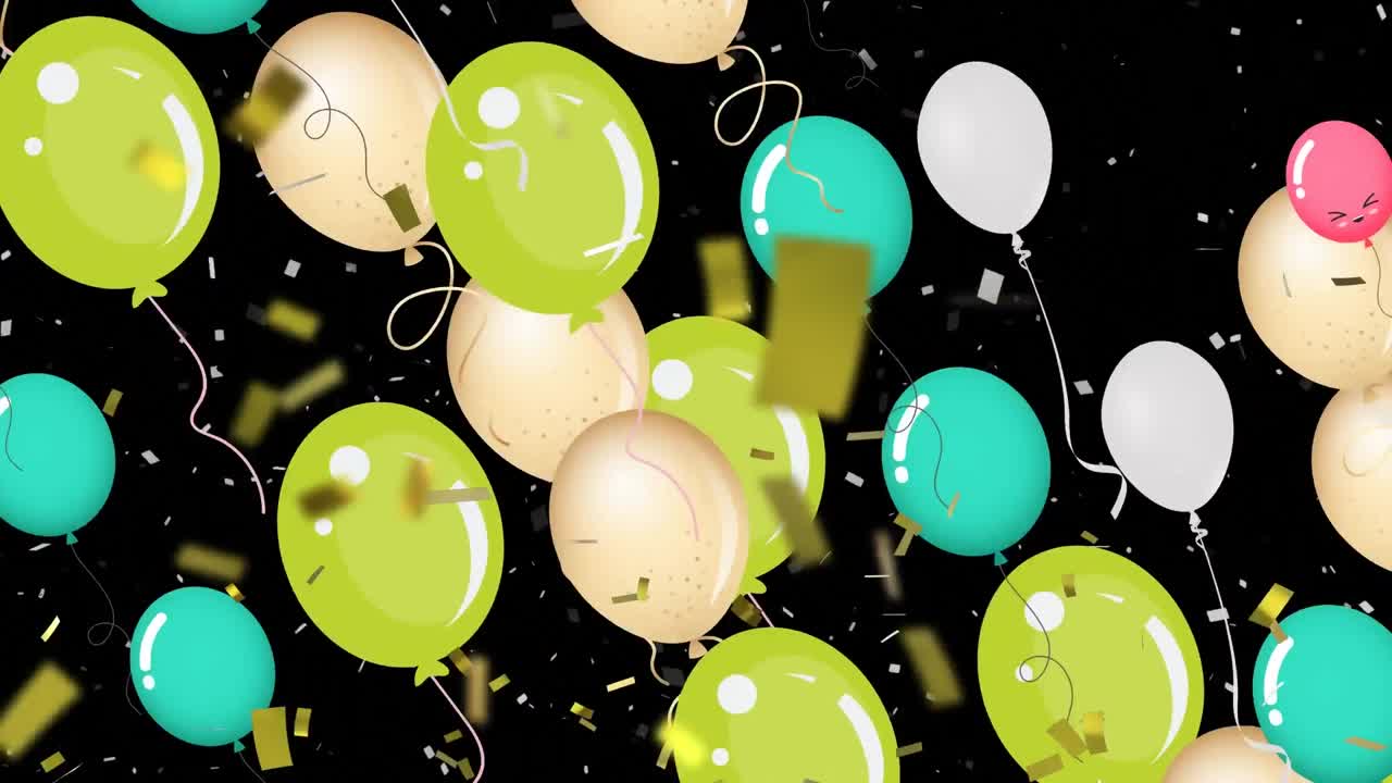 animación de globos coloridos que vuelan y caen confeti sobre un fondo negro