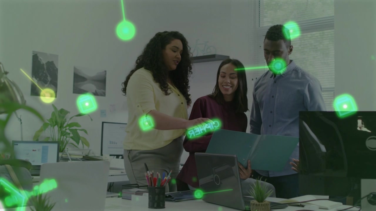 Diverse Business Team Collaborating in Office with Digital Data Overlay