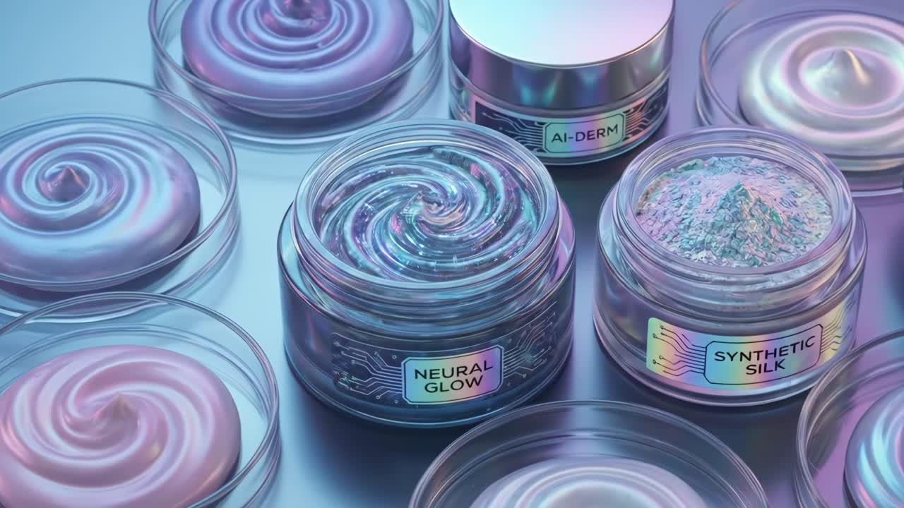 具有未来感的炫彩护肤品，置于罐子和培养皿中