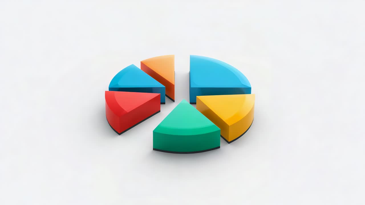 Panning camera revealing colorful 3D pie chart on white plane, enlarging six glossy wedges