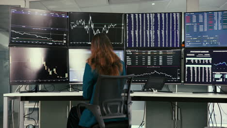 woman trader analyzing financial data on multiple screens