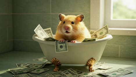 the pampered hamster revels in the opulence of a bathtub overflowing with cash, surrounded by the comfort of a cozy home environment