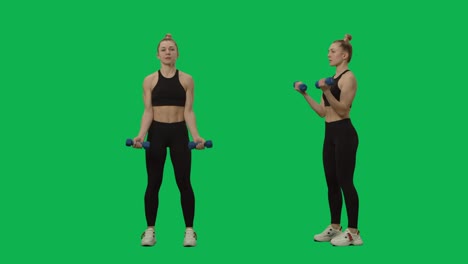 young woman in sportswear does exercises with dumbbells. hand workout, fitness for women. 2 in 1 collage front and side view full length on green screen background. slow motion ready 59.94fps