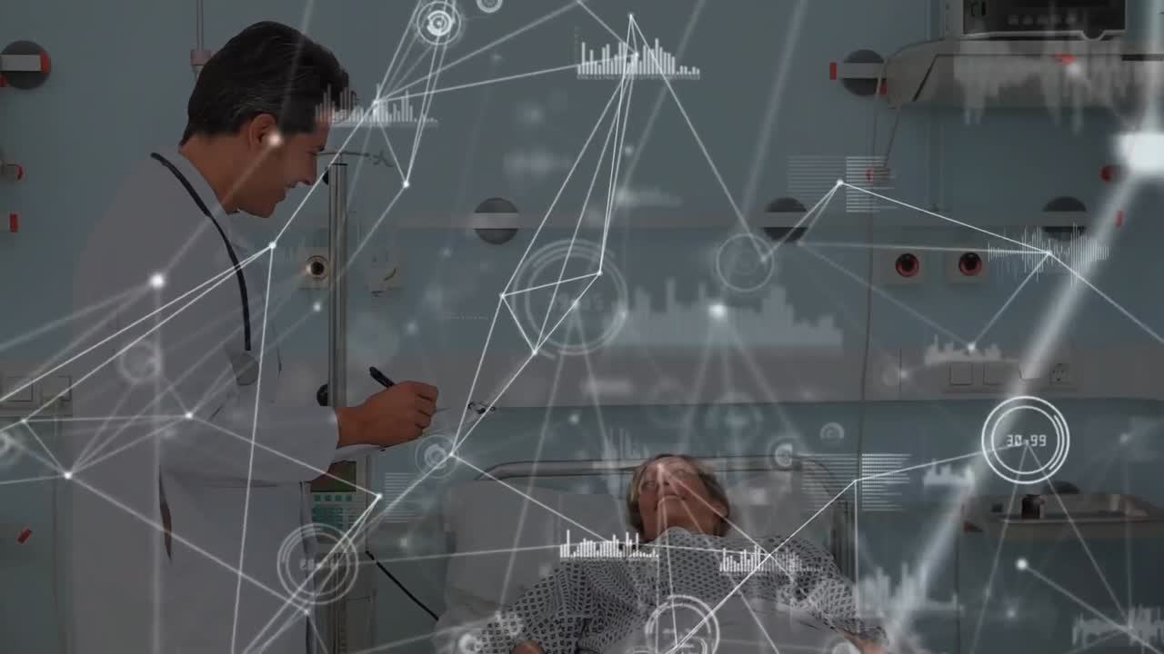 환자와 백인 남성 의사를 통한 연결 네트워크의 애니메이션