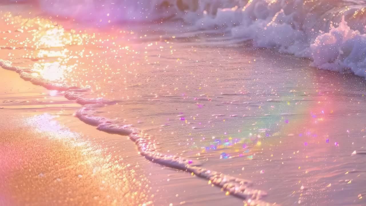 A serene beach scene with waves gently lapping the shore, captured at a low angle
