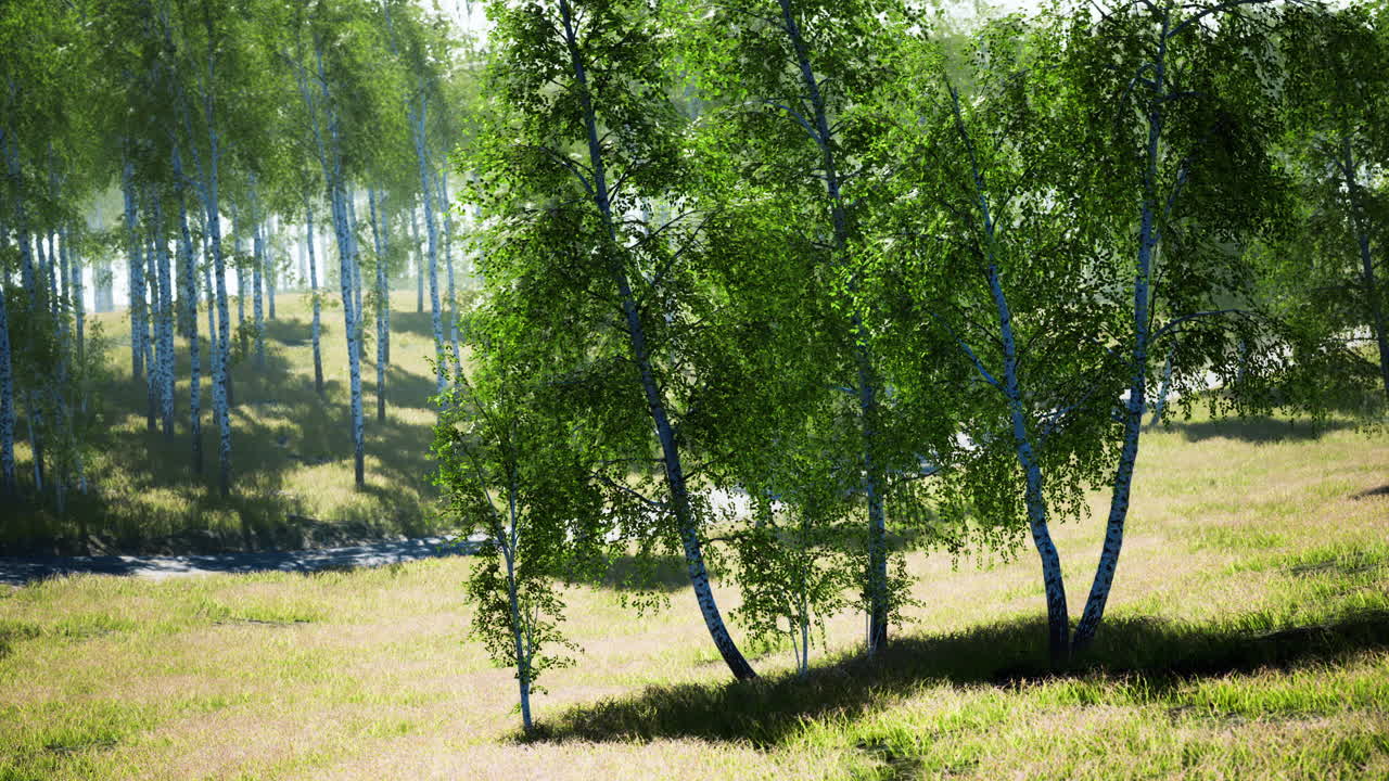 Lush green birch trees in a tranquil meadow under bright sunlight