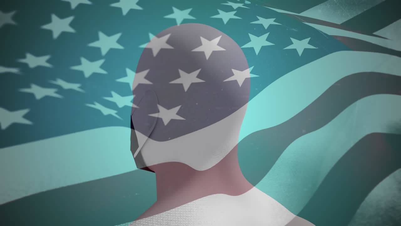 modelo de cabeza humana con máscara en la cara contra nosotros ondeando la bandera