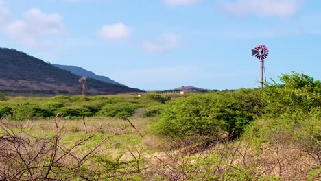 4k 60fps rise shot of windpumps standing and spinning in rural farm field in the caribbean