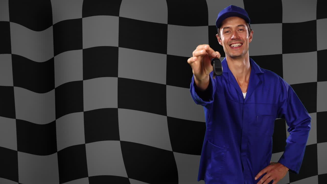 결승선 위에 키를 가진 백인 남성 드라이버의 애니메이션