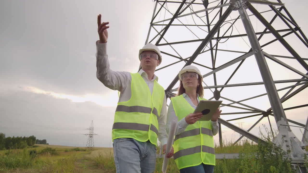 Two electricians work together standing in the field near electricity transmission line in helmets. Two electricians work together standing in the field near with power transmission towers. Eco-friendly fuel