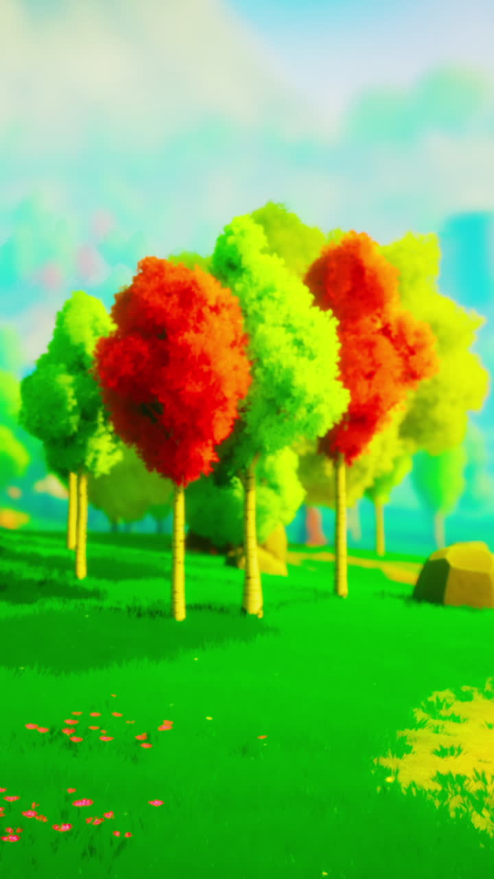 árboles de dibujos animados coloridos en un paisaje exuberante