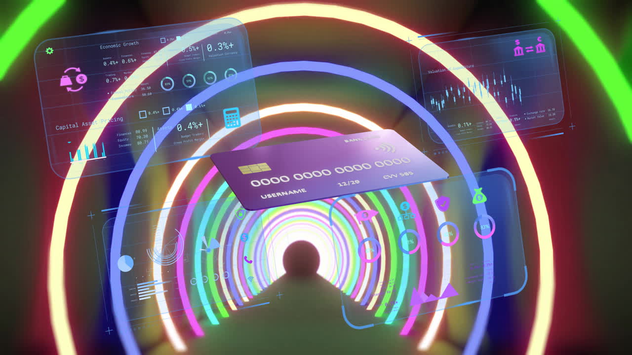 Colorful digital interface with data charts and graphs over neon tunnel animation