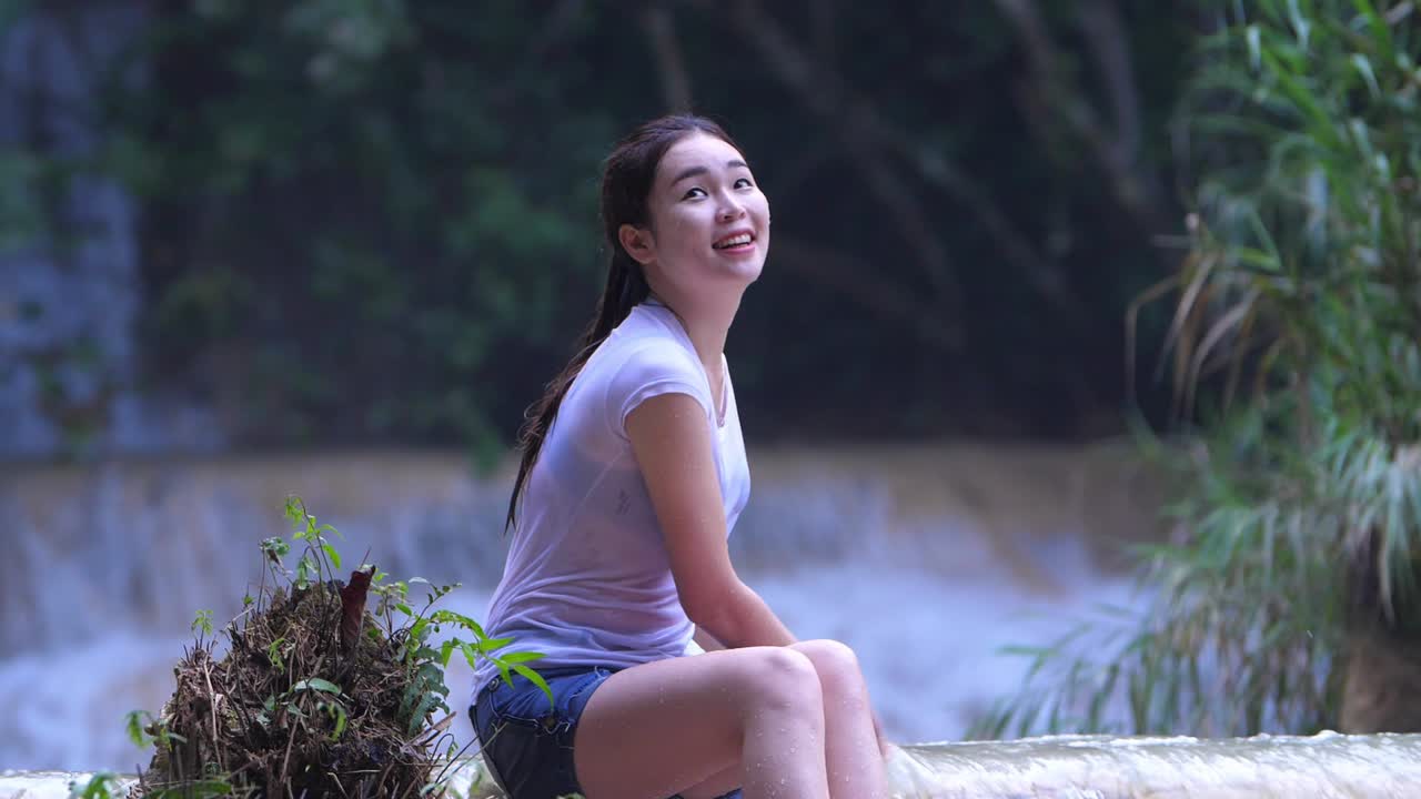 Girl Enjoy With Waterfall
