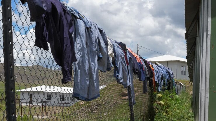 Workers' clothes hung to dry on camp fence at Polihali Dam work site