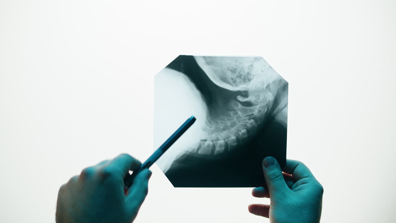 Medical Professional Examining Human Neck X-ray with Pen