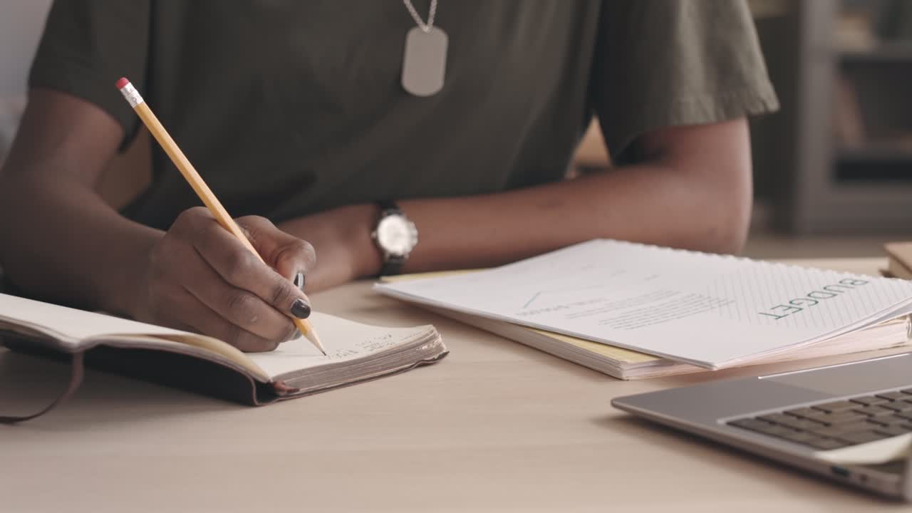 Military Woman Planning Budget while Working from Home