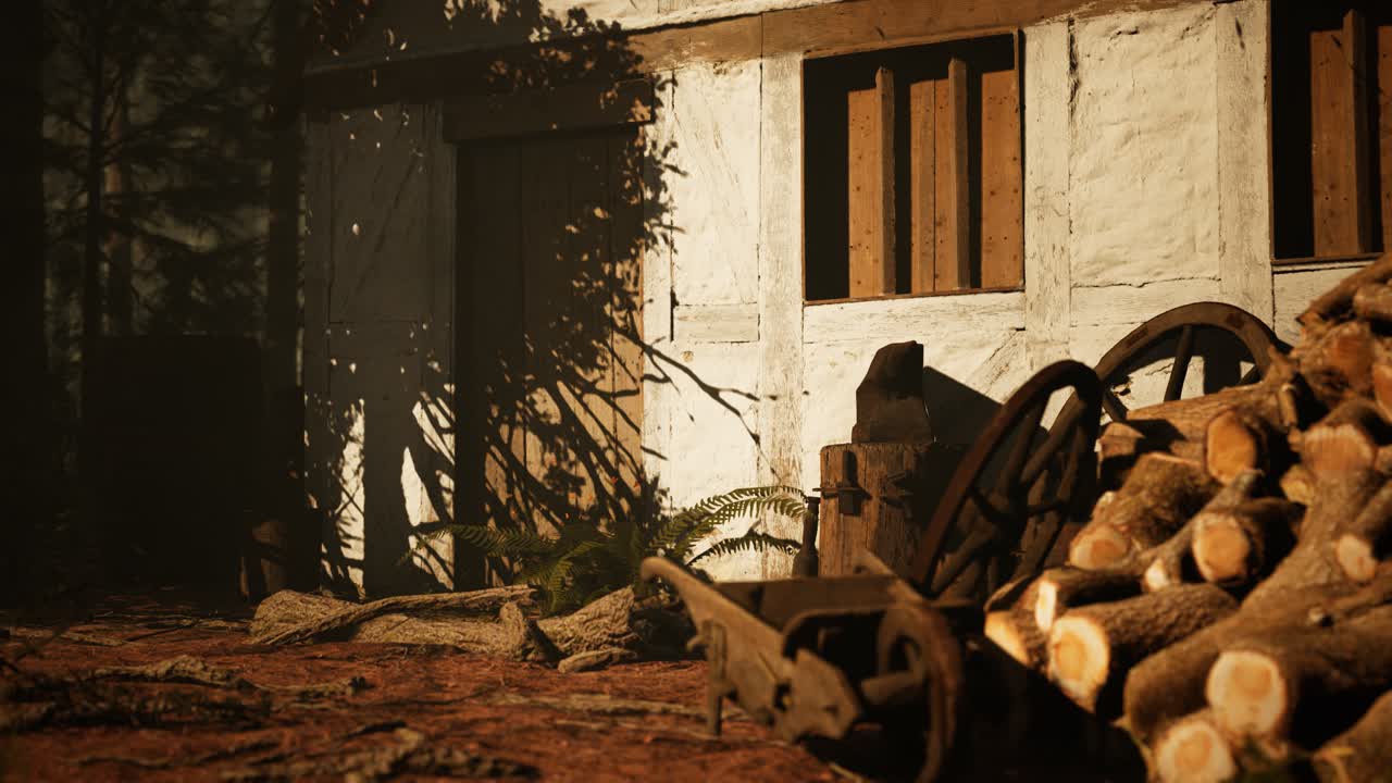 vieja casa de madera en el bosque de otoño