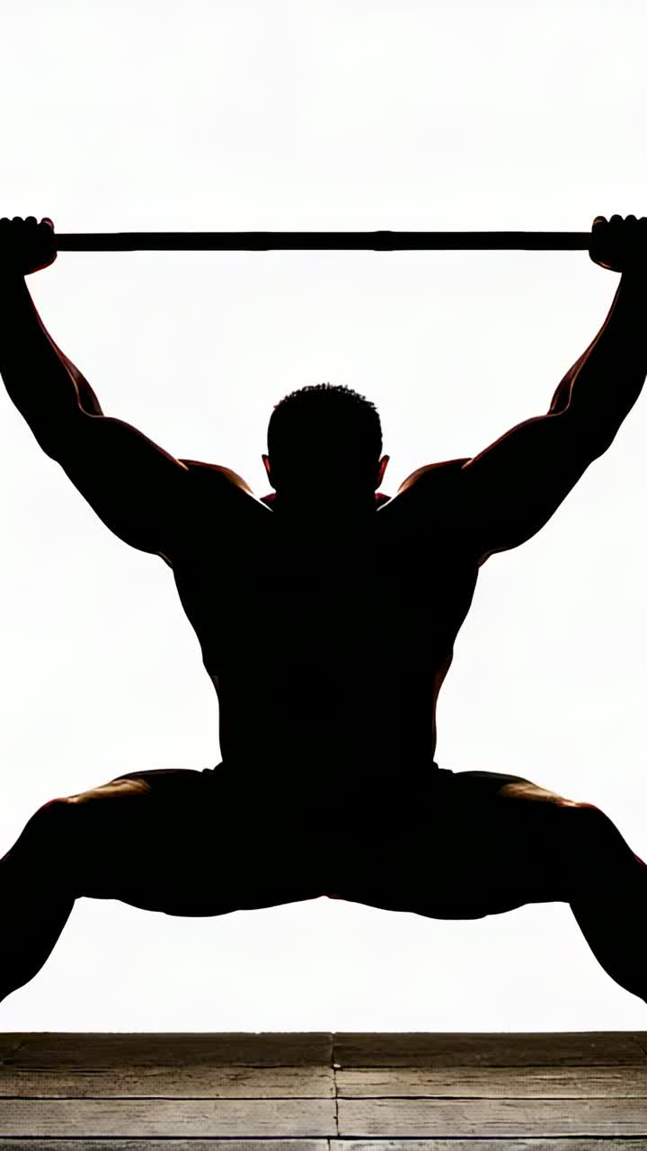 Vertical video: Starting lifter in shorts driving barbell from deep squat on platform to finish rep