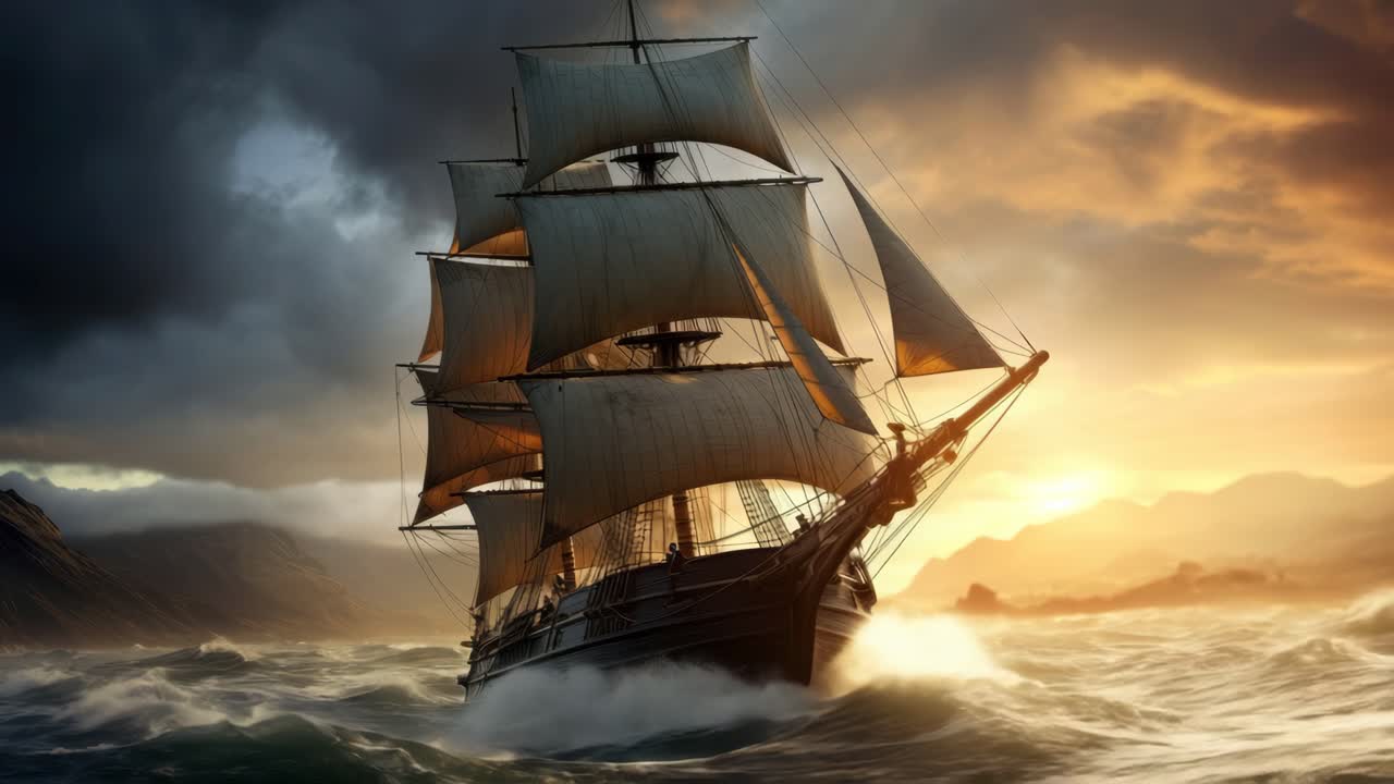 Dramatic video scene of a majestic sailing ship navigating stormy seas at sunset